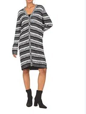 Tommy Hilfiger XS Ashley Ribbed Longline Cardigan Sweater Black White Grey